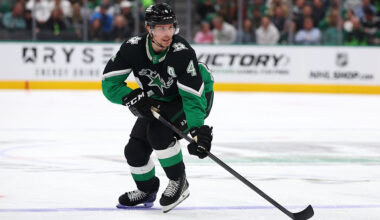 DALLAS, TEXAS - FEBRUARY 02: Miro Heiskanen #4 of the Dallas Stars skates the puck during the first period against the Winnipeg Jets at American Airlines Center on February 02, 2026 in Dallas, Texas. (Photo by Sam Hodde/Getty Images)