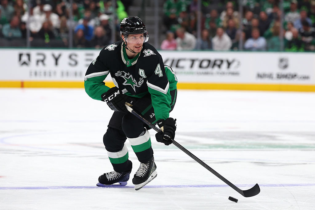 DALLAS, TEXAS - FEBRUARY 02: Miro Heiskanen #4 of the Dallas Stars skates the puck during the first period against the Winnipeg Jets at American Airlines Center on February 02, 2026 in Dallas, Texas. (Photo by Sam Hodde/Getty Images)