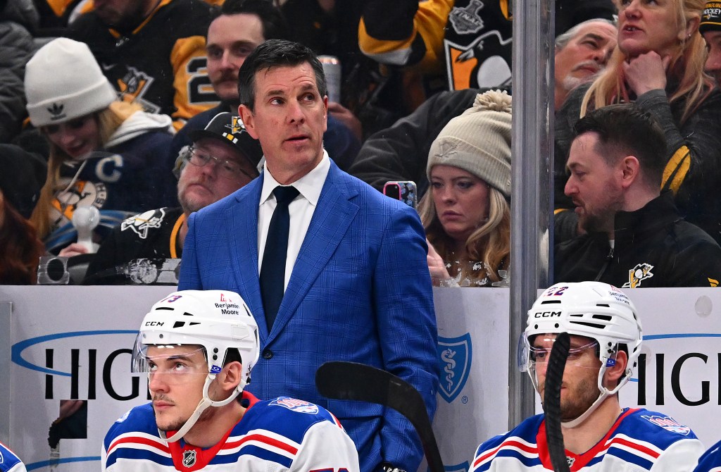 Head coach Mike Sullivan of the New York Rangers looks on against the Pittsburgh Penguins at PPG PAINTS Arena on January 31, 2026 in Pittsburgh, Pennsylvania. 