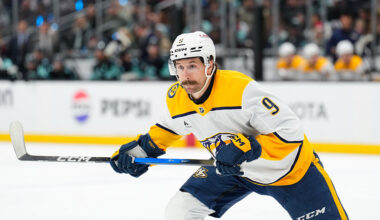 SEATTLE, WASHINGTON - MARCH 10: Filip Forsberg #9 of the Nashville Predators reacts to a face-off against the Seattle Kraken during the second period at Climate Pledge Arena on March 10, 2026 in Seattle, Washington. (Photo by Christopher Mast/NHLI via Getty Images)