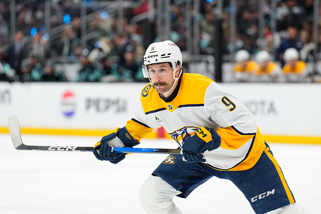 SEATTLE, WASHINGTON - MARCH 10: Filip Forsberg #9 of the Nashville Predators reacts to a face-off against the Seattle Kraken during the second period at Climate Pledge Arena on March 10, 2026 in Seattle, Washington. (Photo by Christopher Mast/NHLI via Getty Images)