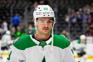 DENVER, COLORADO - MARCH 18: Wyatt Johnston #53 of the Dallas Stars looks on during warmups ahead of the game against the Colorado Avalanche at Ball Arena on March 18, 2026 in Denver, Colorado. (Photo by Ashley Potts/NHLI via Getty Images)