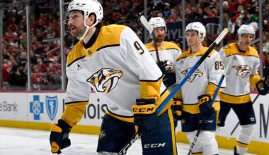 CHICAGO, ILLINOIS - MARCH 22: Filip Forsberg #9 of the Nashville Predators skates after celebrating with teammates after scoring against the Chicago Blackhawks in the second period at the United Center on March 22, 2026 in Chicago, Illinois. (Photo by Bill Smith/NHLI via Getty Images)