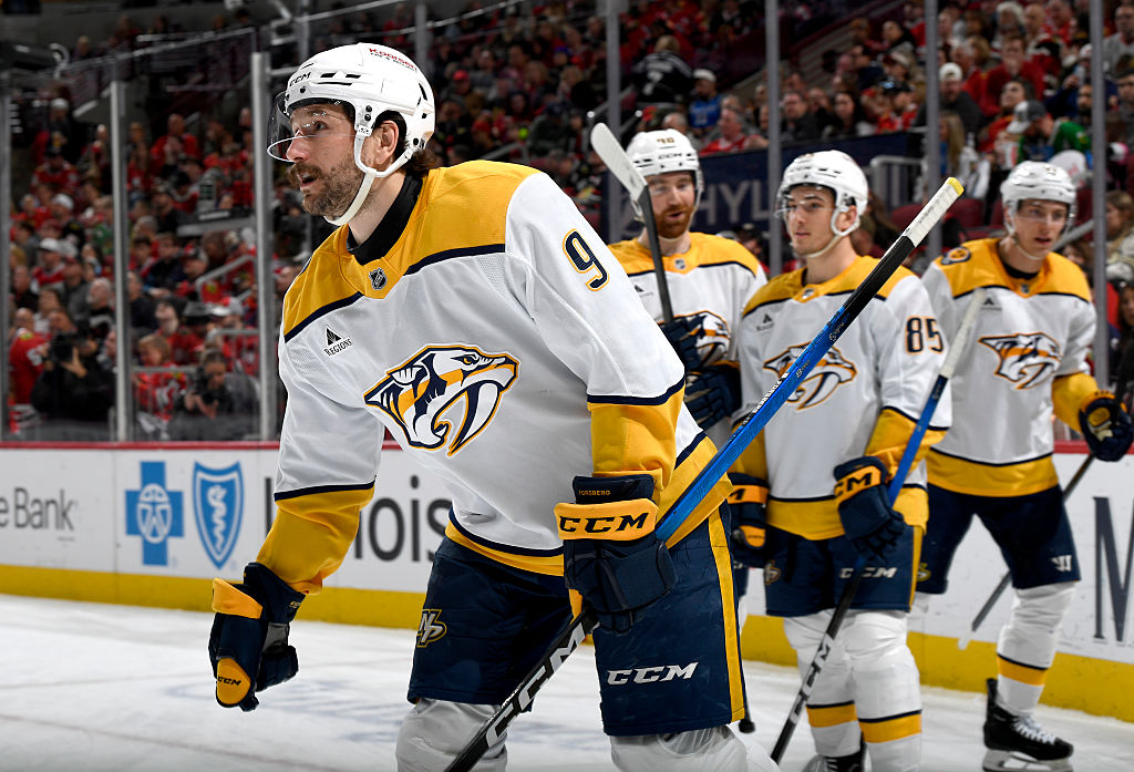CHICAGO, ILLINOIS - MARCH 22: Filip Forsberg #9 of the Nashville Predators skates after celebrating with teammates after scoring against the Chicago Blackhawks in the second period at the United Center on March 22, 2026 in Chicago, Illinois. (Photo by Bill Smith/NHLI via Getty Images)