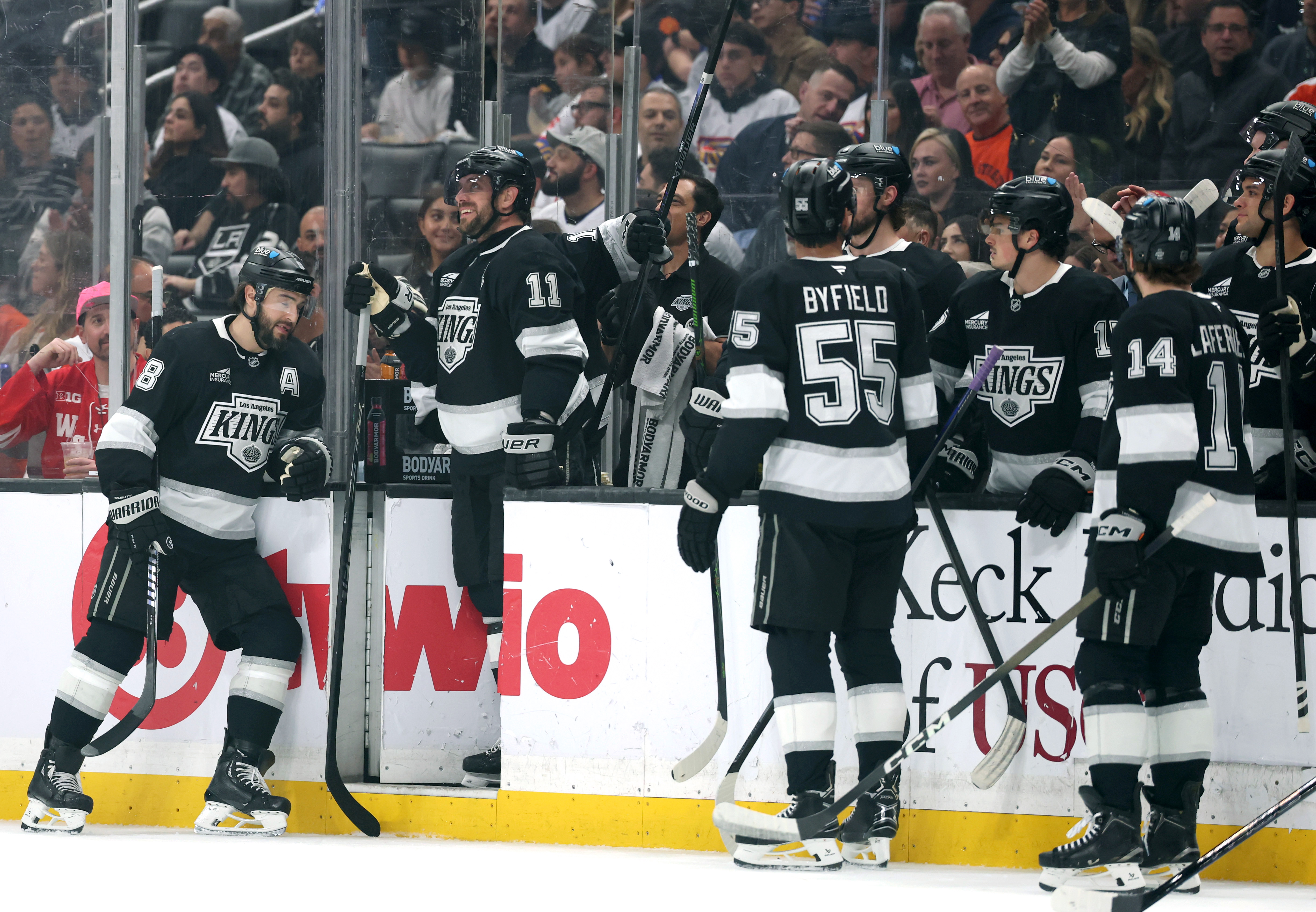 Kings captain Anze Kopitar (11) reacts before stepping on the...