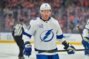 EDMONTON, CANADA - MARCH 21: Jake Guentzel #59 of the Tampa Bay Lightning in action during the game against the Edmonton Oilers at Rogers Place on March 21, 2026, in Edmonton, Alberta, Canada. (Photo by Leila Devlin/Getty Images)