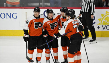 PHILADELPHIA , PA - MARCH 24: Philadelphia Flyers center Christian Dvorak #22, Philadelphia Flyers right wing Matvei Michkov #39, Philadelphia Flyers right wing Owen Tippett #74 and Philadelphia Flyers center Trevor Zegras #46 celebrate during the game between the Philadelphia Flyers and the Columbus Blue Jackets on March 24th, 2026 at the Xfinity Mobile Arena in Philadelphia, PA. (Photo by Terence Lewis/Icon Sportswire via Getty Images)