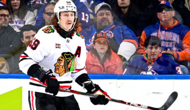 ELMONT, NEW YORK - MARCH 24: Tyler Bertuzzi #59 of the Chicago Blackhawks looks on during the game against the New York Islanders at UBS Arena on March 24, 2026 in Elmont, New York. (Photo by Steven Ryan/NHLI via Getty Images)