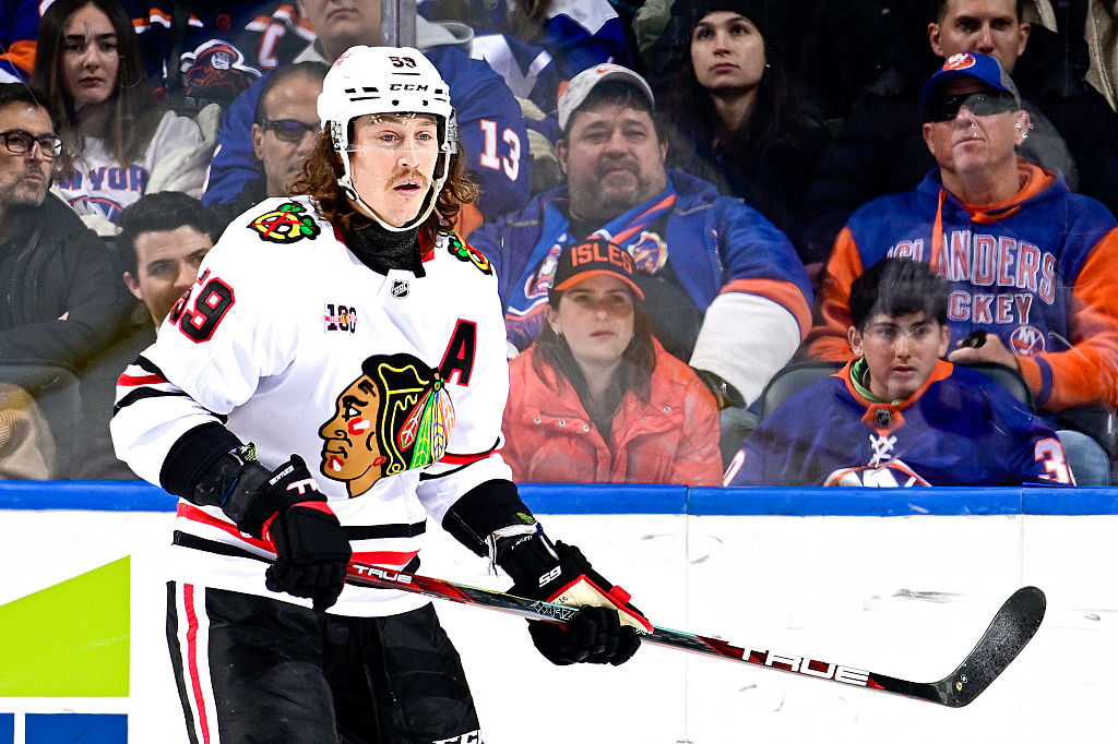 ELMONT, NEW YORK - MARCH 24: Tyler Bertuzzi #59 of the Chicago Blackhawks looks on during the game against the New York Islanders at UBS Arena on March 24, 2026 in Elmont, New York. (Photo by Steven Ryan/NHLI via Getty Images)