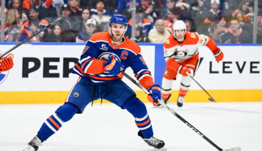EDMONTON, AB - MARCH 28: Edmonton Oilers Center Connor McDavid (97) cuts to the middle in the third period of the Edmonton Oilers game versus the Anaheim Ducks on March 28, 2026 at Rogers Place in Edmonton, AB. (Photo by Curtis Comeau/Icon Sportswire via Getty Images)