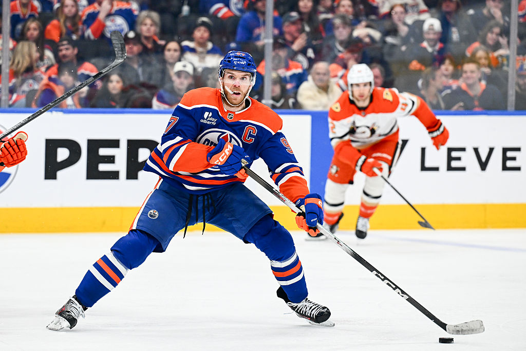 EDMONTON, AB - MARCH 28: Edmonton Oilers Center Connor McDavid (97) cuts to the middle in the third period of the Edmonton Oilers game versus the Anaheim Ducks on March 28, 2026 at Rogers Place in Edmonton, AB. (Photo by Curtis Comeau/Icon Sportswire via Getty Images)