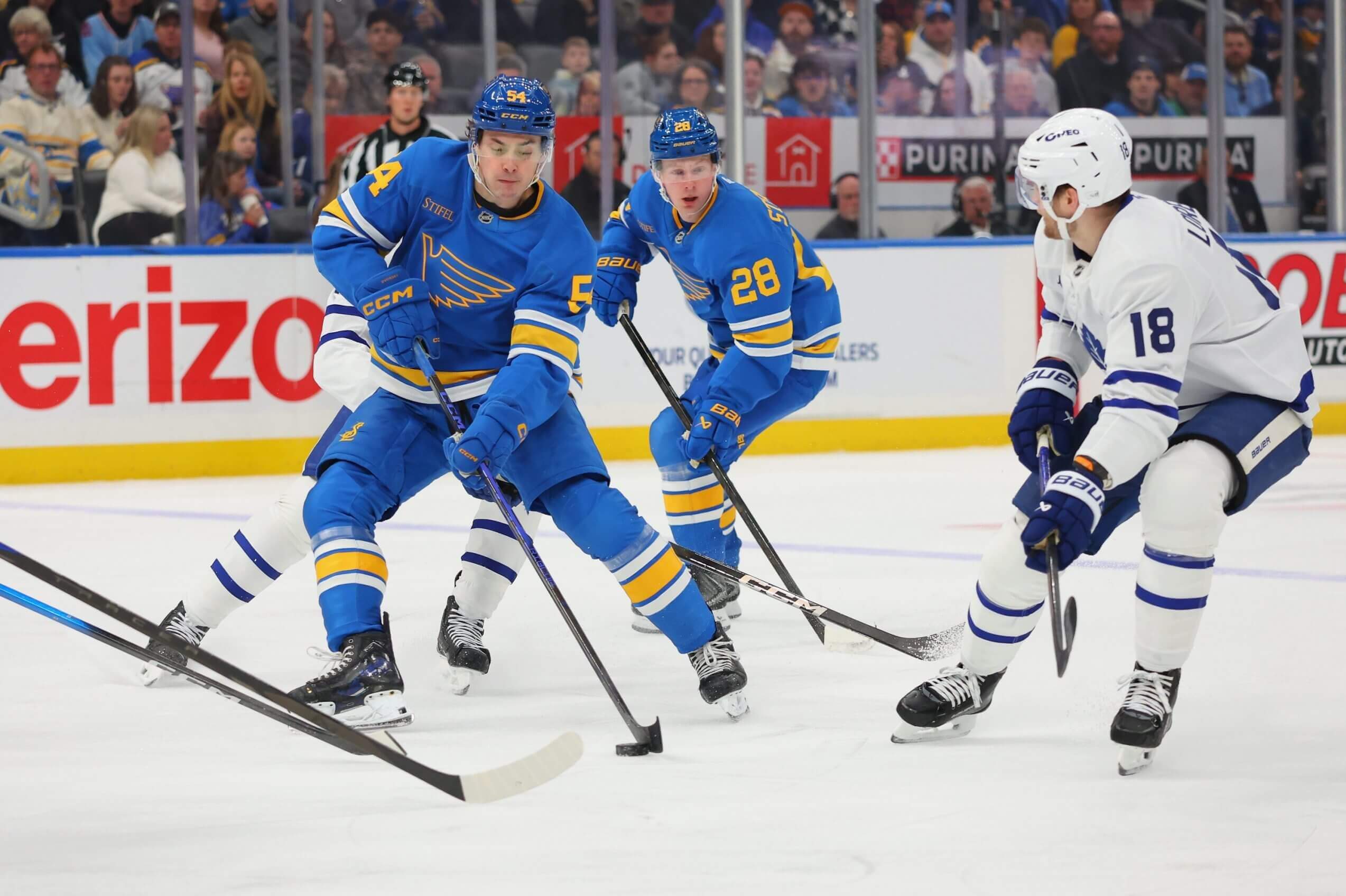 The Blues' Dalibor Dvorsky controls the puck against the Maple Leafs.