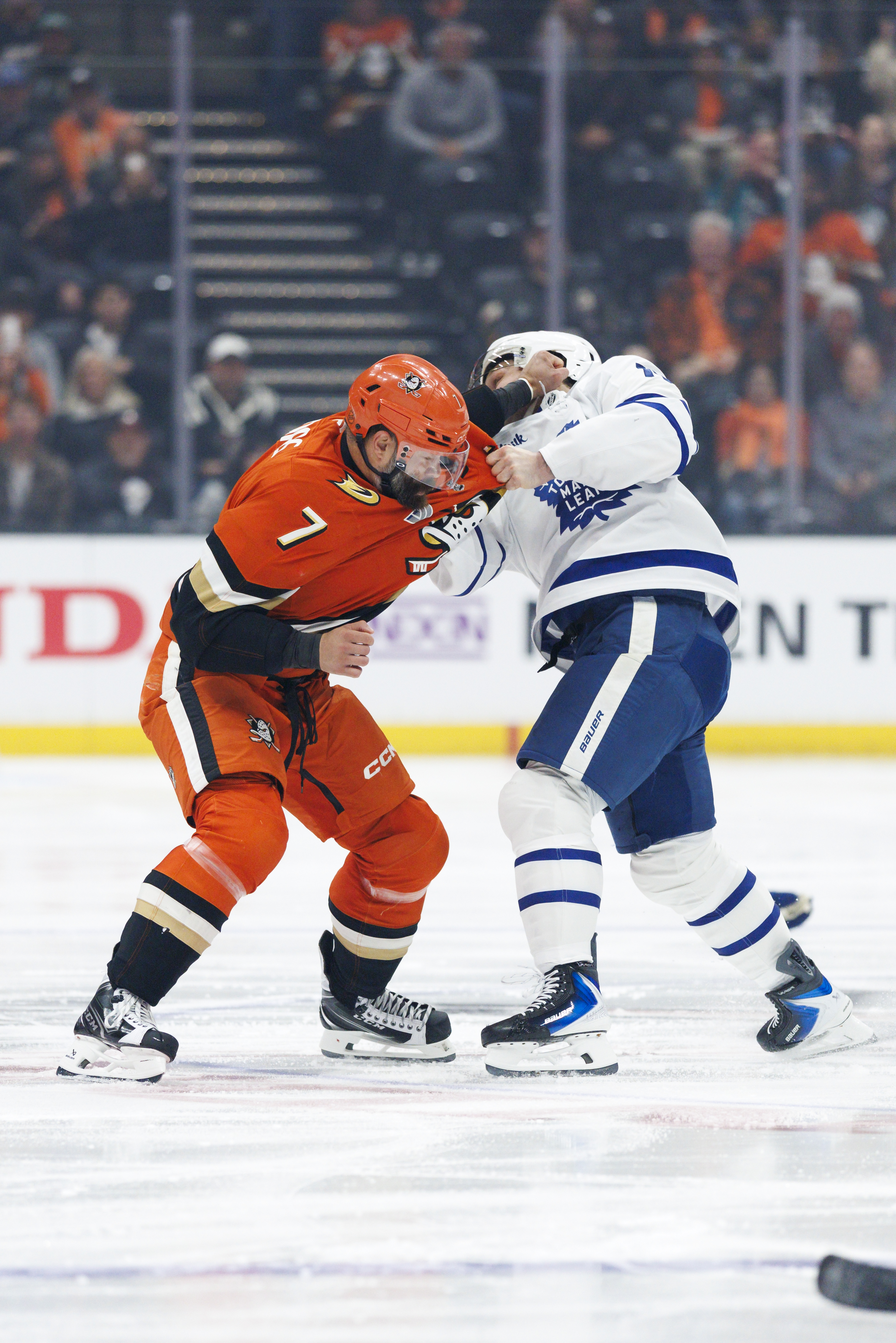 Ducks defenseman Radko Gudas, left, and the Toronto Maple Leafs’...
