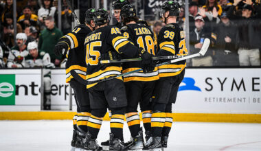 BOSTON, MASSACHUSETTS - MARCH 28: Pavel Zacha #18 of the Boston Bruins celebrates his third period goal with Morgan Geekie #39, Jonathan Aspirot #45, and Casey Mittelstadt #11 against the Minnesota Wild at TD Garden on March 28, 2026 in Boston, Massachusetts. (Photo by China Wong/NHLI via Getty Images)