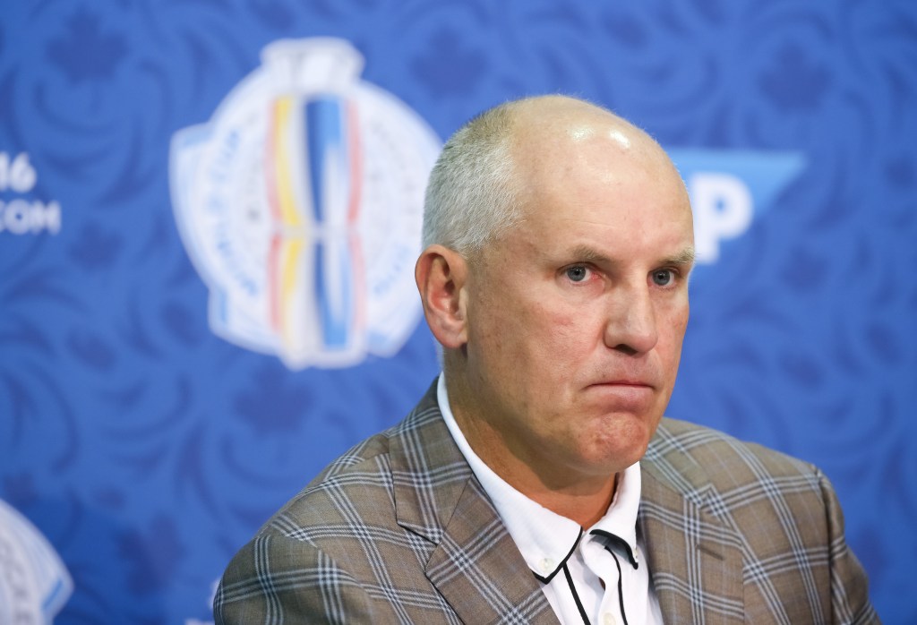 Team Canada General Manager Doug Armstrong takes questions during media day at the World Cup of Hockey 2016 at Air Canada Centre on September 15, 2016 in Toronto, Ontario, Canada. 