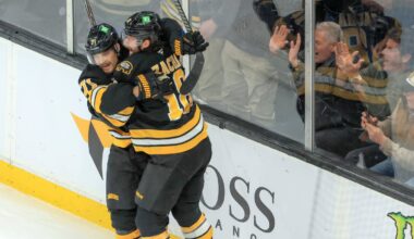 Pavel Zacha (right) has scored 14 goals in March.