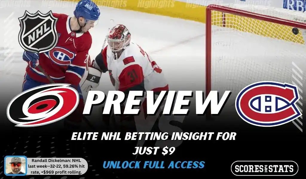 Carolina Hurricanes vs Montréal Canadiens preview image with both team logos, a relevant hockey background, and the ScoresAndStats logo.
