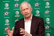 Dallas Stars general manager Jim Nill speaks during a season-opening media availability at...
