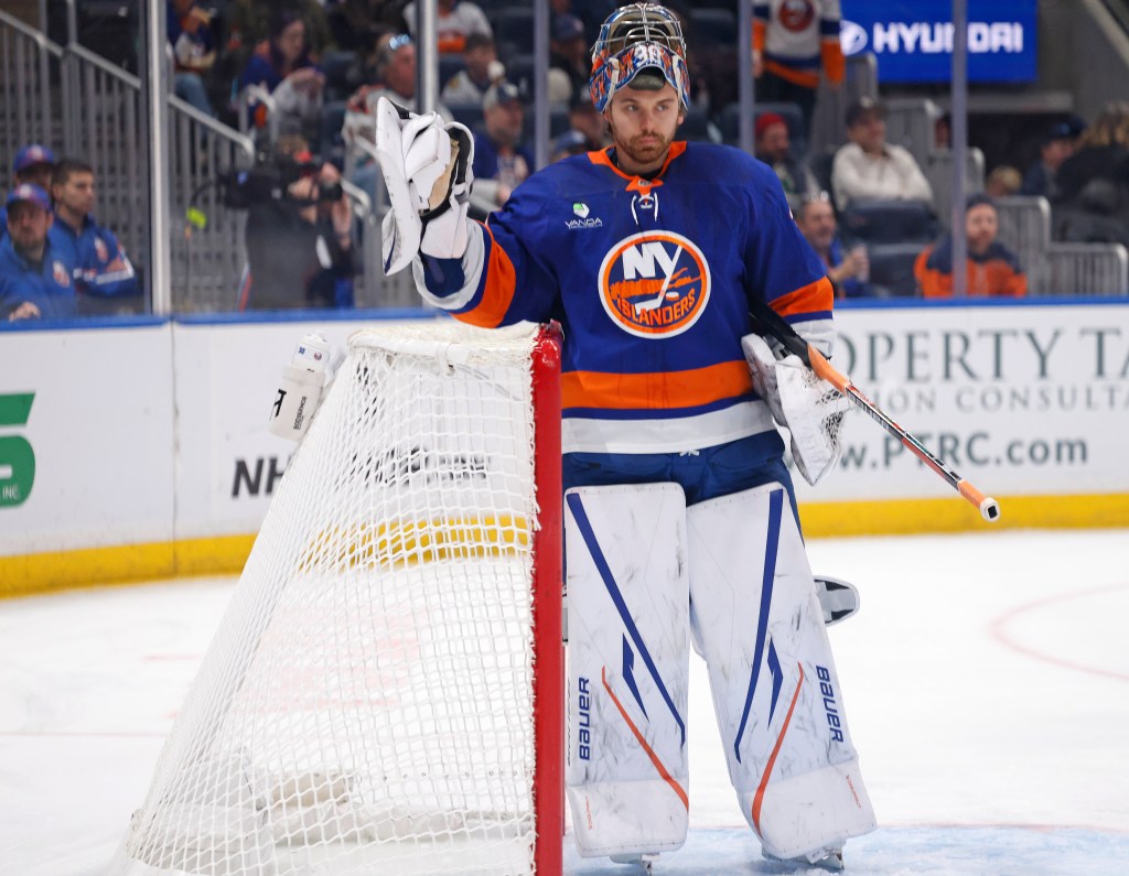Ilya Sorokin reacts dejectedly after giving up the team's fourth goal to Frank Nazar after a referee's 'mistake' call during the Islanders' 4-3 loss to the Blackhawks on March 24, 2026 at UBS Arena.