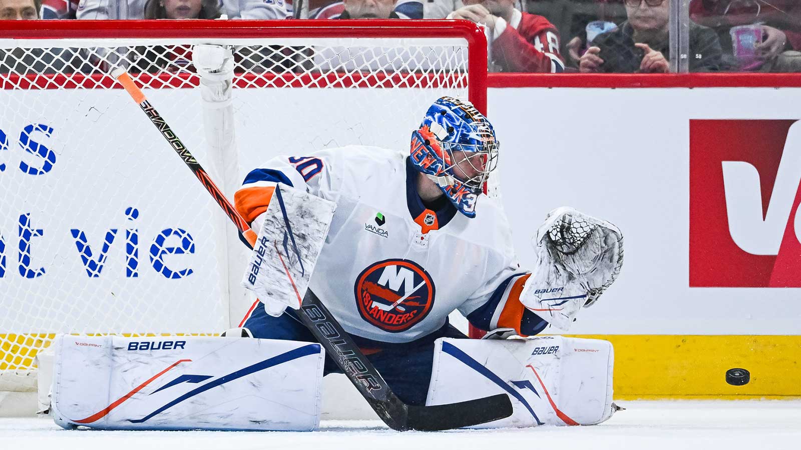 New York Islanders goalie Ilya Sorokin (30) tracks a shot against the Montreal Canadiens during the second period at Bell Centre.