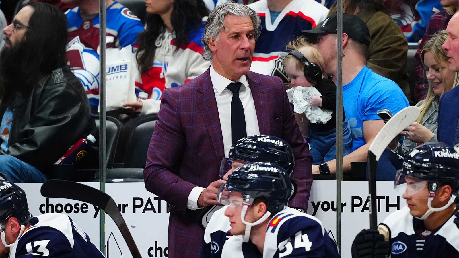 Colorado Avalanche head coach Jared Bednar on the bench in the third period against the Chicago Blackhawks at Ball Arena. 