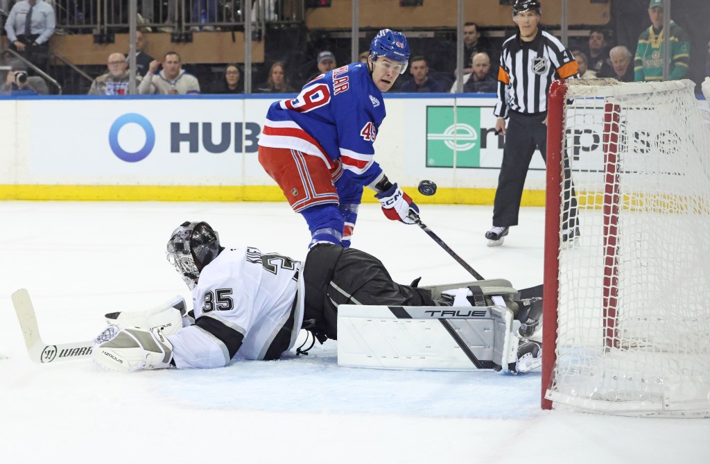 Jaroslav Chmelar watches his shot go past the net during the Rangers' 4-1 loss to the Kings on March 16, 2026 at the Garden.