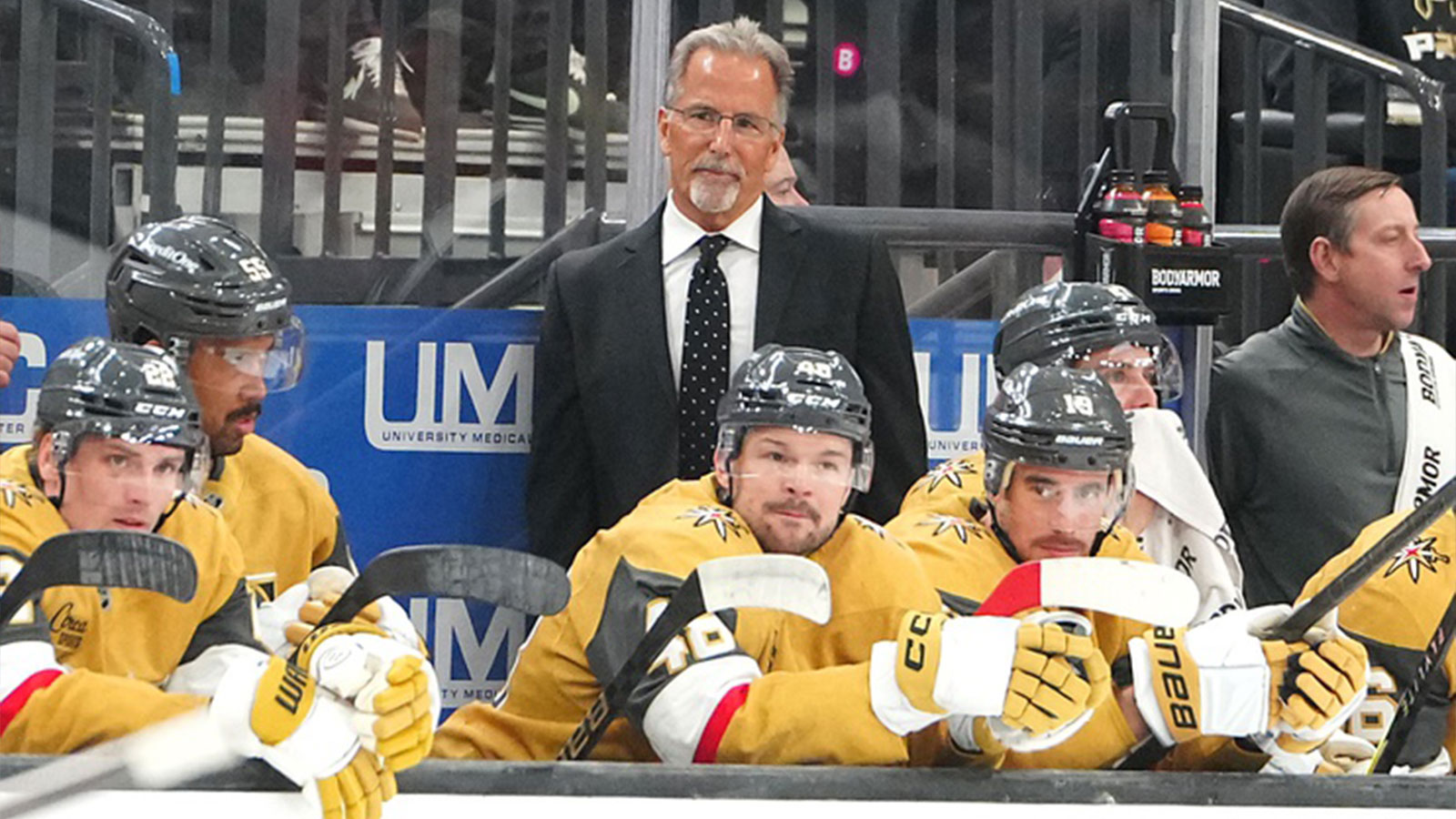 Vegas Golden Knights head coach John Tortorella watches play between the Golden Knights and Vancouver Canucks during the first period at T-Mobile Arena.