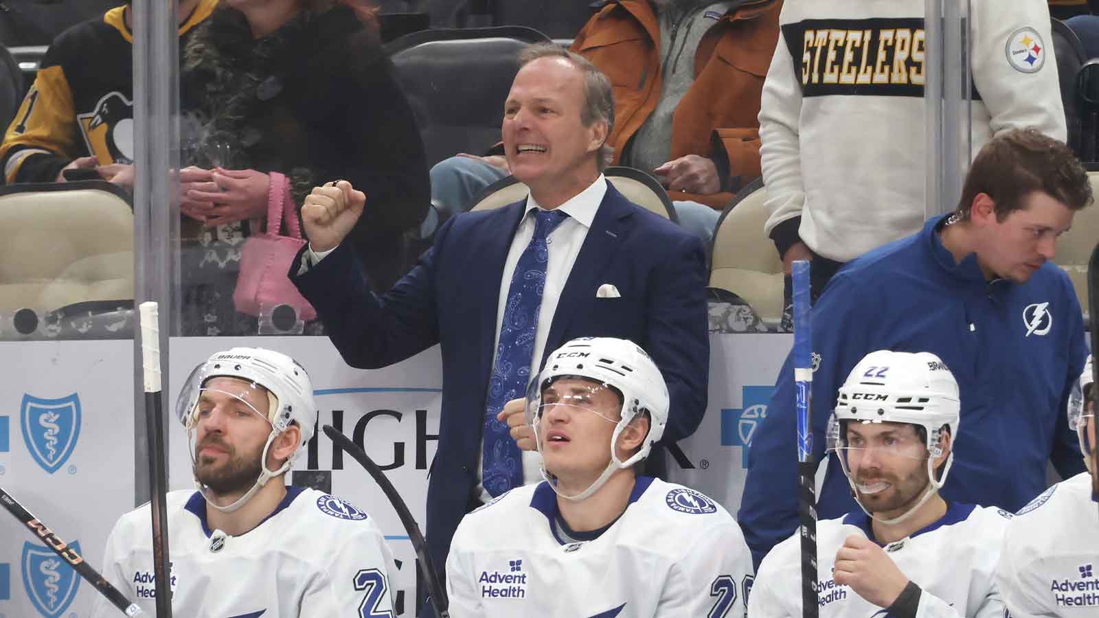 Tampa Bay Lightning head coach Jon Cooper (top) reacts during the third period against the Pittsburgh Penguins at PPG Paints Arena. 