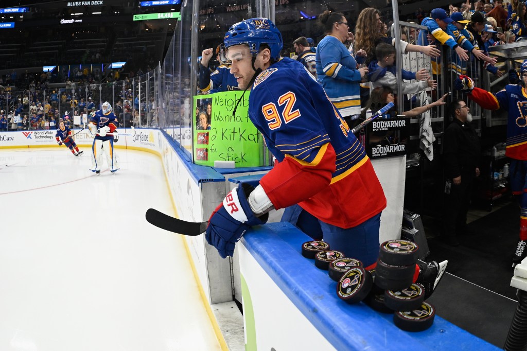 Former Islander Jonathan Drouin takes the ice beforethe  Blues' 4-3 overtime loss in St. Louis on March 10, 2026.