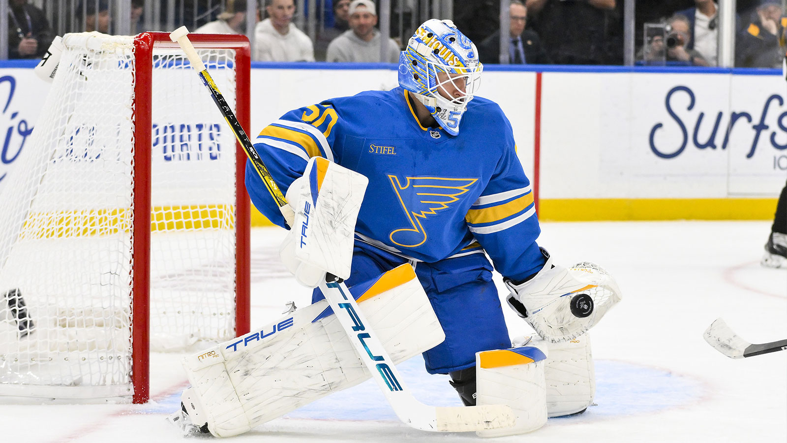 St. Louis Blues goaltender Jordan Binnington (50) defends the net against the Calgary Flames during the third period at Enterprise Center.