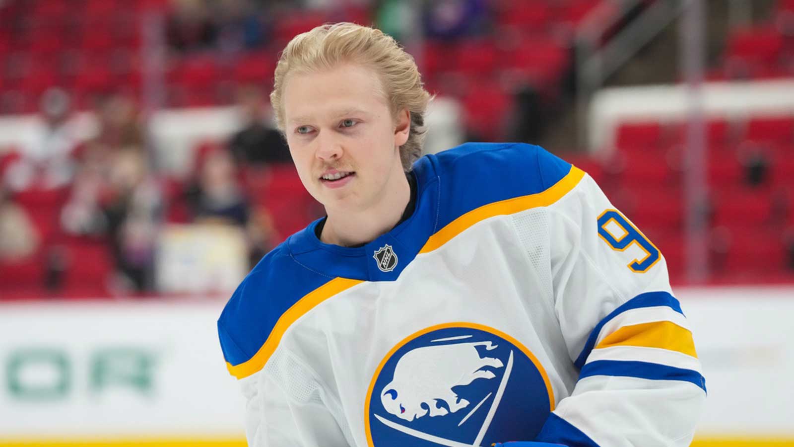 Buffalo Sabres center Konsta Helenius (94) skates the rookie lap before his first NHL game during the warmups before the game against the Carolina Hurricanes at Lenovo Center. 