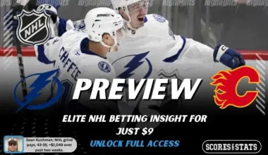 Tampa Bay Lightning vs Calgary Flames preview image with both team logos, a relevant hockey background, and the ScoresAndStats logo.