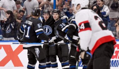 Tampa Bay Lightning celebrate a goal by left wing Brandon Hagel (38) during the second period of an NHL hockey game against the Ottawa Senators Saturday, March 28, 2026, in Tampa, Fla. (AP Photo/Jason Behnken)