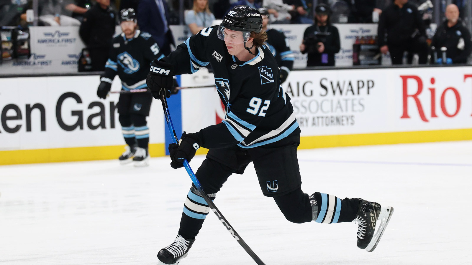 Utah Mammoth center Logan Cooley (92) warms up before a game against the Los Angeles Kings at Delta Center.