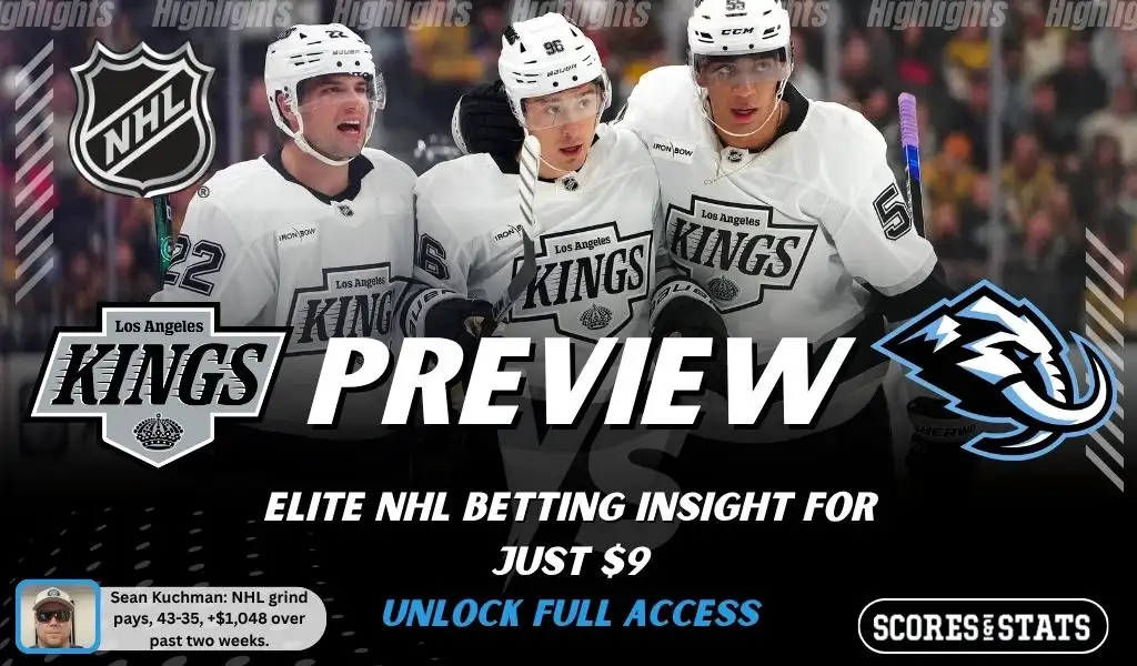 Los Angeles Kings vs Utah Mammoth preview image with both team logos, a relevant hockey background, and the ScoresAndStats logo.