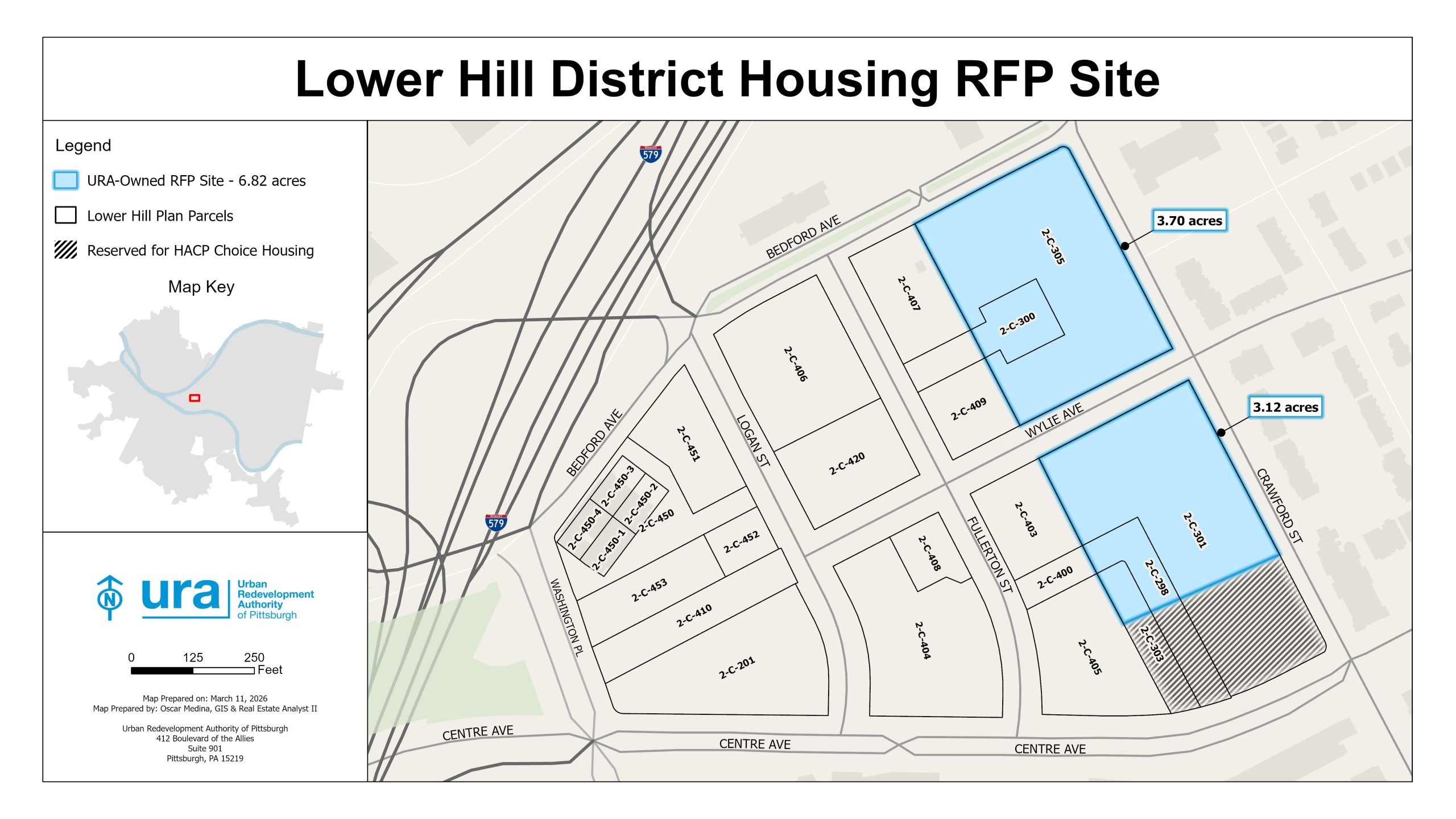 Map showing the Lower Hill District Housing RFP site with two highlighted parcels totaling 6.82 acres, including 3.70 acres and 3.12 acres, and a legend for reference.