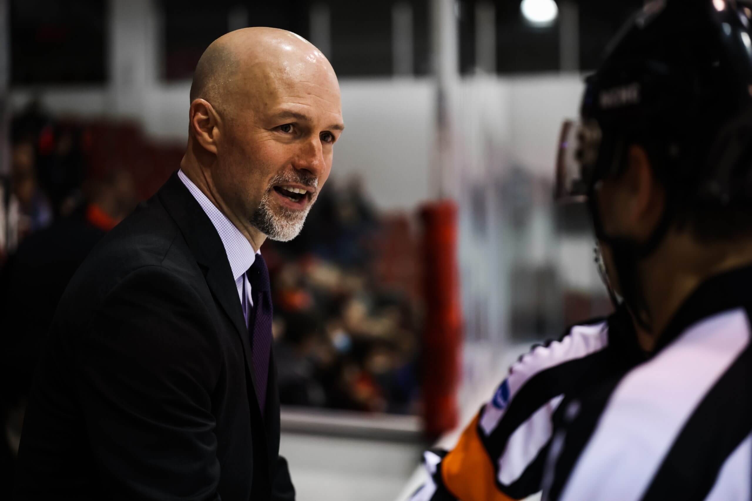 Brett Larson talks to a referee during a St. Cloud State game.