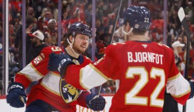 Florida Panthers center Cole Schwindt (79) reacts to scoring a goal during the second period of a game against the Utah Mammoth on Tuesday, Jan. 27, 2026, at Amerant Bank Arena in Sunrise, Fla.