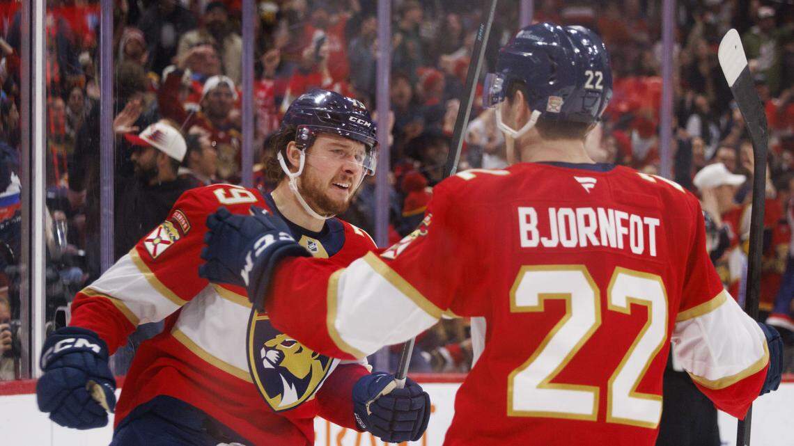Florida Panthers center Cole Schwindt (79) reacts to scoring a goal during the second period of a game against the Utah Mammoth on Tuesday, Jan. 27, 2026, at Amerant Bank Arena in Sunrise, Fla.