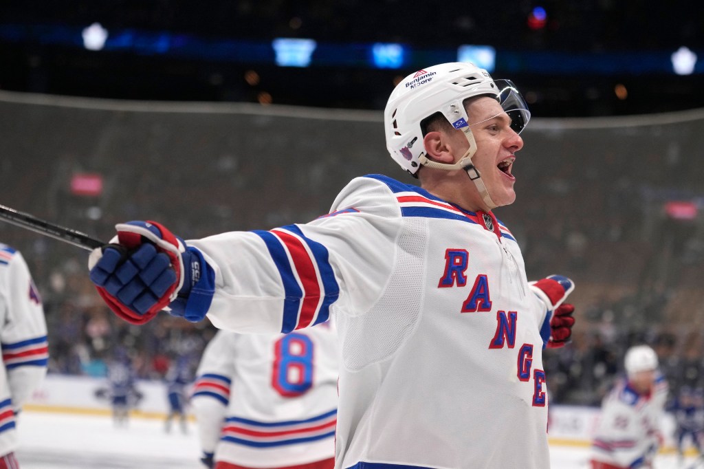 New York Rangers forward Adam Sykora (38) smiles during warm up before a game against the Toronto Maple Leafs at Scotiabank Arena. 