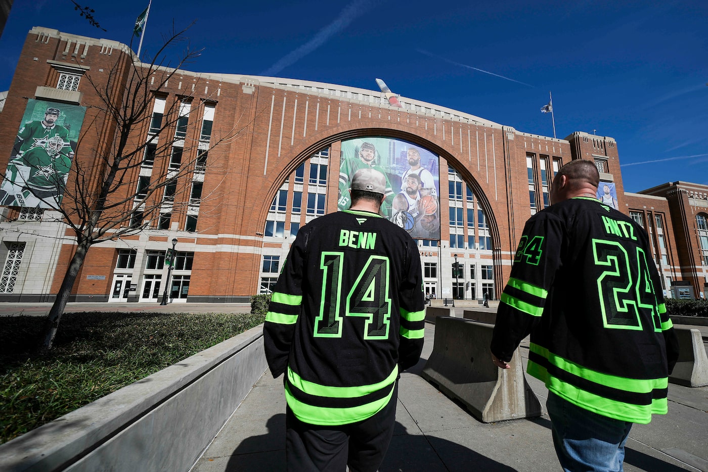 Dallas Stars fans head to the arena for an NHL hockey game against the Chicago Blackhawks at...