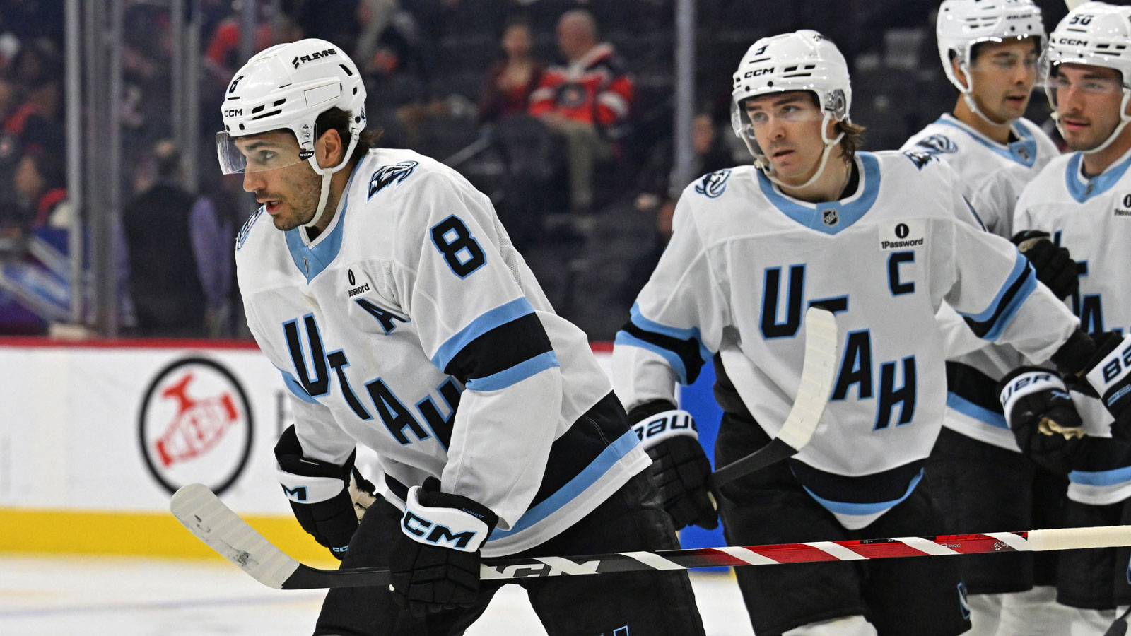 Utah Mammoth center Nick Schmaltz (8) skates back to the bench after scoring a goal against the Philadelphia Flyers during the second period at Xfinity Mobile Arena.