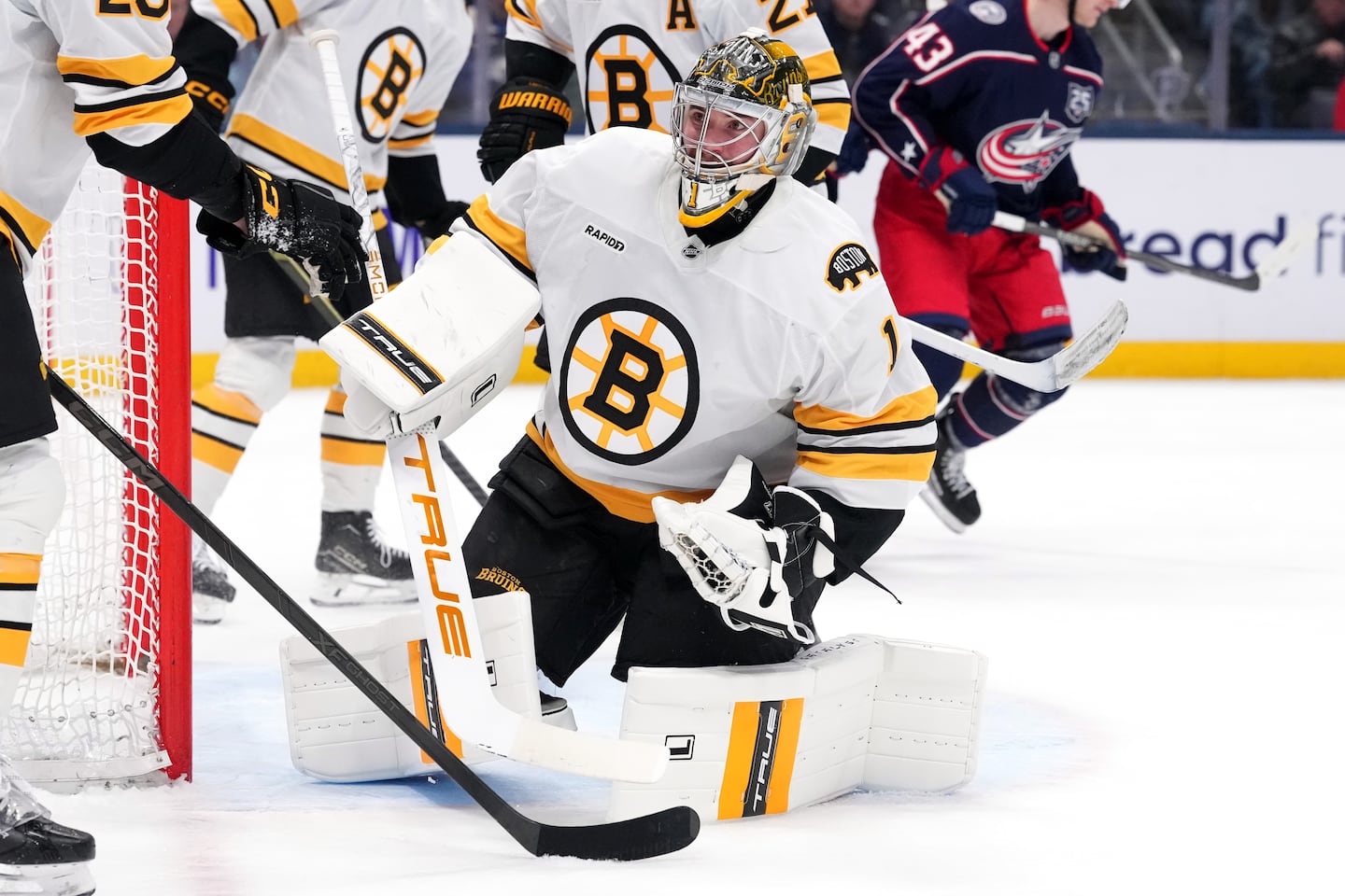 Bruins goalie Jeremy Swayman allowed three first-period goals to the Blue Jackets on Sunday, then shut the door.