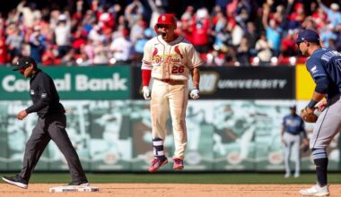 St. Louis Cardinals' JJ Wetherholt reacts after driving in the game-winning runs in the tenth inning of a baseball game against the Tampa Bay Rays, Saturday, March 28, 2026, in St. Louis. (AP Photo/Scott Kane)