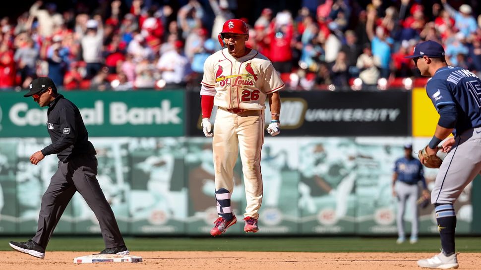 St. Louis Cardinals' JJ Wetherholt reacts after driving in the game-winning runs in the tenth inning of a baseball game against the Tampa Bay Rays, Saturday, March 28, 2026, in St. Louis. (AP Photo/Scott Kane)