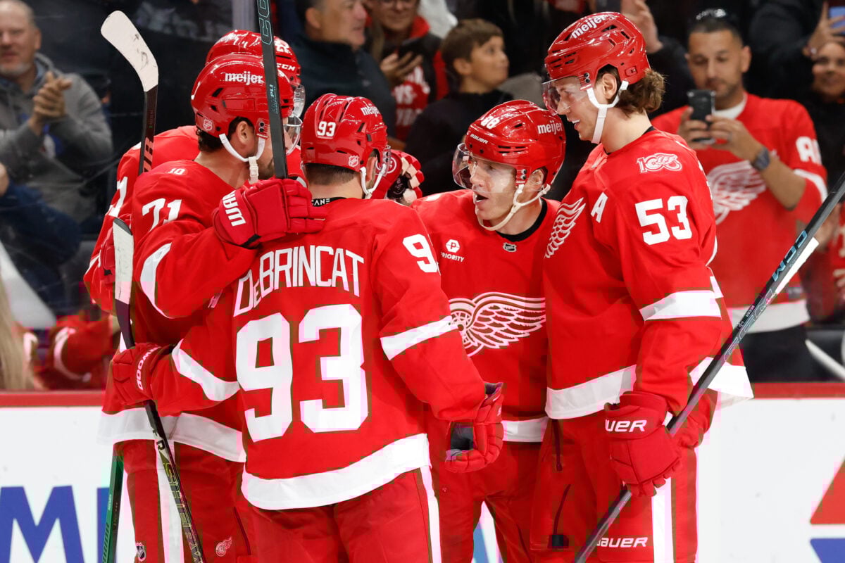 Detroit Red Wings Celebrate a power play goal by Patrick Kane