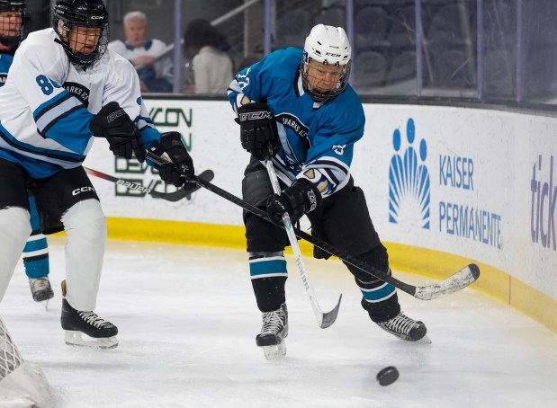Bob Gianni (78), right, from Los Gatos, plays in the "Over 60 Division" of the Master's League at Tech CU Arena in San Jose, Calif., on Monday, March 9, 2026. (Nhat V. Meyer/Bay Area News Group)