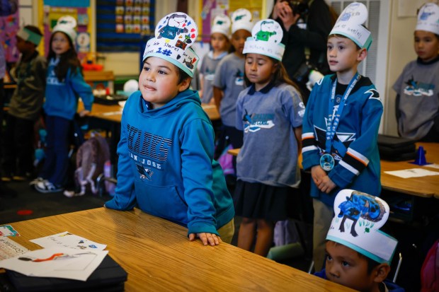 Students are read to as part of a literacy initiative called Reading is Cool by the Sharks Foundation at Bachrodt Elementary in San Jose, Calif., on Thursday, March 5, 2026. (Shae Hammond/Bay Area News Group)