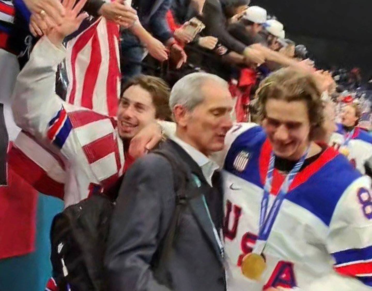 Jack Hughes (right) scored the overtime goal that gave the USA the gold medal in ice hockey, but La Salle native and St. Bede graduate Dr. Michael Stuart (left) kept everybody safe and healthy. Stuart was International Ice Hockey Federation [IIHF] medical supervisor for men’s ice hockey at the 2026 Winter Olympic Games.