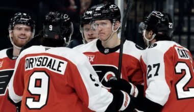 Flyers players celebrate Christian Dvorak's (center) second period goal to give the Flyers a 5-1 lead.